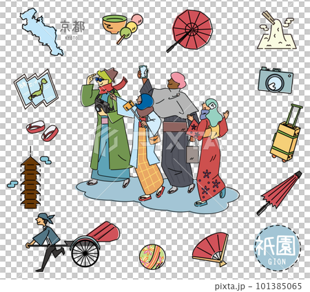 A set of foreign tourists wearing kimono and icons of Gion, Kyoto, Japan's famous sightseeing (line drawing) 101385065