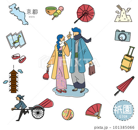 日本の京都の祇園の名物観光のアイコンと着物のカップルのセット(線画) 日本の京都の祇園の名物観光のアイコンと着物のカップルのセット(線画) 101385066