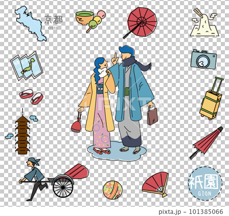 日本の京都の祇園の名物観光のアイコンと着物のカップルのセット(線画) 日本の京都の祇園の名物観光のアイコンと着物のカップルのセット(線画) 101385066