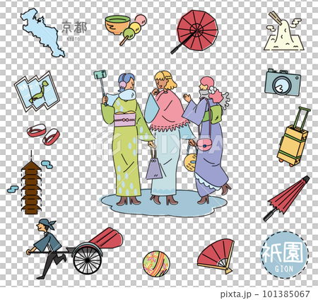 日本の京都の祇園の名物観光のアイコンと着物の女友達のセット(線画) 日本の京都の祇園の名物観光のアイコンと着物の女友達のセット(線画) 101385067