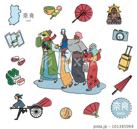 日本の奈良の名物観光のアイコンと着物を着た外国からの観光客のセット(線画) 日本の奈良の名物観光のアイコンと着物を着た外国からの観光客のセット(線画) 101385068