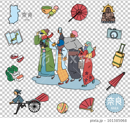 日本の奈良の名物観光のアイコンと着物を着た外国からの観光客のセット(線画) 日本の奈良の名物観光のアイコンと着物を着た外国からの観光客のセット(線画) 101385068