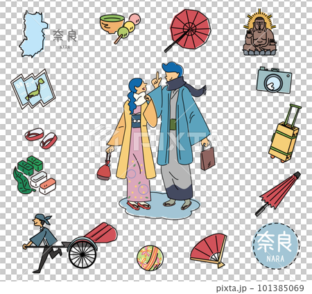 Set of Japanese Nara specialty sightseeing icons and kimono couples (line drawings) Set of Japanese Nara specialty sightseeing icons and kimono couples (line drawings) 101385069
