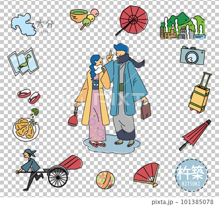 日本の大分の杵築の名物観光のアイコンと着物のカップルのセット(線画) 日本の大分の杵築の名物観光のアイコンと着物のカップルのセット(線画) 101385078
