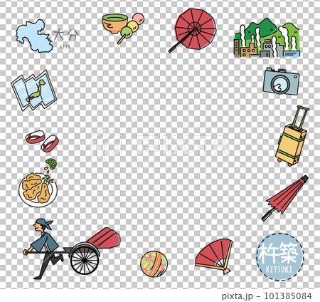 A set of icons of Kitsuki's famous sightseeing in Oita, Japan (winter) (line drawing) 101385084