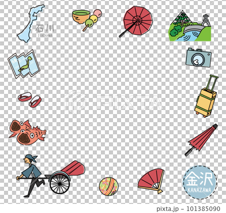 A set of icons of Kanazawa's famous sightseeing in Ishikawa, Japan (winter) (line drawing) 101385090