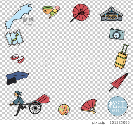 Set of Matsue specialty sightseeing icons in Shimane, Japan (winter) (line drawing) 101385096
