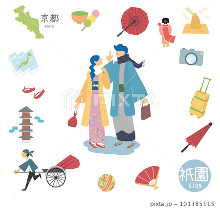 冬の日本の京都の祇園の名物観光のアイコンと着物のカップルのセット（フラット） 101385115