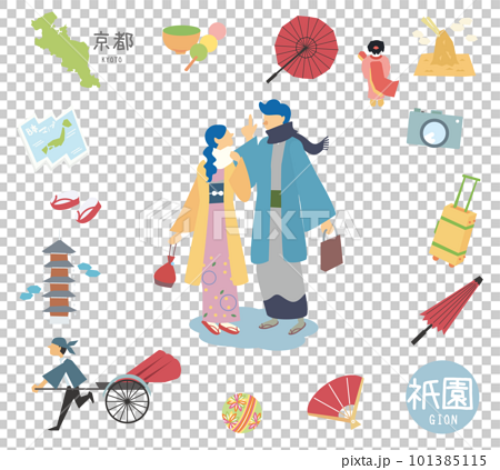 冬の日本の京都の祇園の名物観光のアイコンと着物のカップルのセット（フラット） 101385115