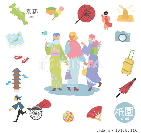 冬の日本の京都の祇園の名物観光のアイコンと着物の女友達のセット（フラット） 101385116