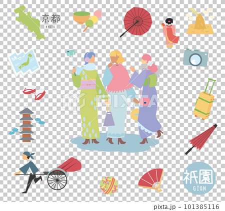 冬の日本の京都の祇園の名物観光のアイコンと着物の女友達のセット（フラット） 101385116