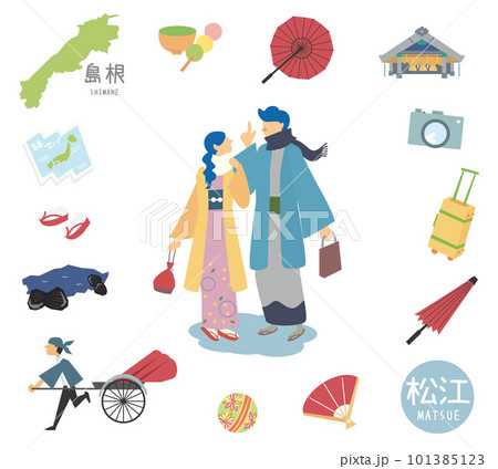 冬の日本の島根の松江の名物観光のアイコンと着物のカップルのセット（フラット） 101385123
