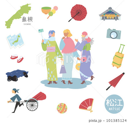 冬の日本の島根の松江の名物観光のアイコンと着物の女友達のセット(フラット) 冬の日本の島根の松江の名物観光のアイコンと着物の女友達のセット(フラット) 101385124