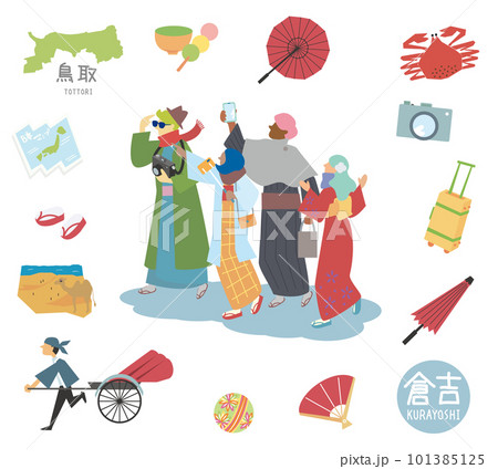 冬の日本の鳥取の倉吉の名物観光のアイコンと着物を着た外国からの観光客のセット（フラット） 101385125