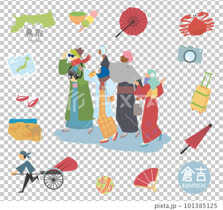 A set of foreign tourists wearing kimono and icons of Kurayoshi, Tottori, Japan in winter (flat) 101385125