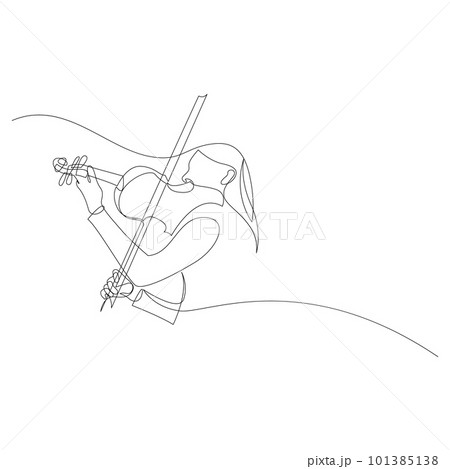 Violinist one continuous line art drawing vector illustration. Girl playing violin isolated on white background. 101385138