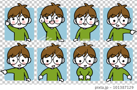 Illustration set of a boy with glasses pointing in various directions 101387129