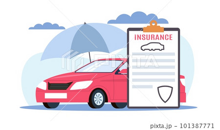 Insurance policy for car. Automobile protection and security, safety for driver. Auto and protection shield on document, transport under umbrella. Cartoon flat illustration. Vector concept 101387771