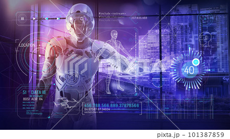 Drones and virtual reality infographic on sci-fi background. 101387859