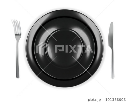 Two black round empty plates top view with fork and knife 101388008