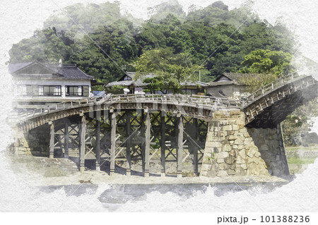 水彩画風 岩国 錦帯橋 山口県岩国市 水彩画風 岩国 錦帯橋 山口県岩国市 101388236