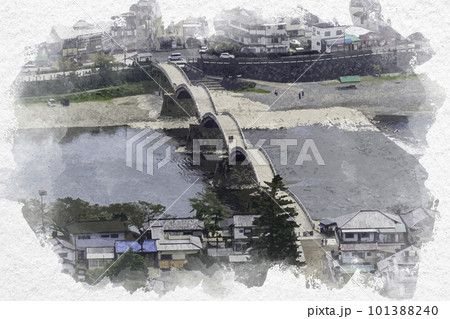 水彩画風　岩国　錦帯橋　山口県岩国市 101388240