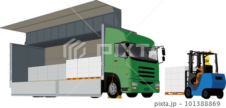 ウイングトラックとフォークリフトと荷物の積み込みのイラスト ウイングトラックとフォークリフトと荷物の積み込みのイラスト 101388869