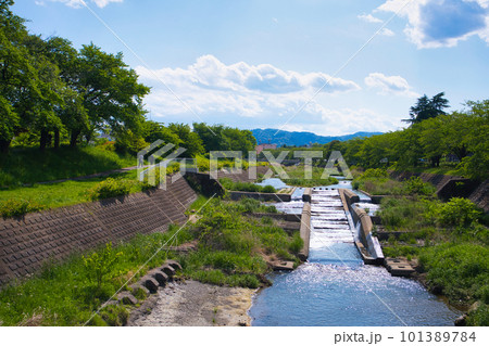 夏の河川と遊歩道 101389784