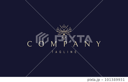 Vector golden logo on which an abstract image of a radiant phoenix with spread wings. 101389931