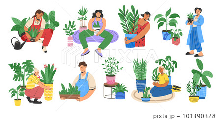 Trendy people with house plants, flowers and leaves in pots. Home garden greenery, persons grow green cactus, woman with spray. Contemporary isolated characters. Vector garish cartoon illustration 101390328