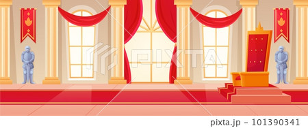 Royal kingdom. Ballroom interior walls. Kings or queen throne. Red carpet and window curtains. Medieval castle. Knights armors. Imperial palace indoor. Empty hall. Vector recent banner background Royal kingdom. Ballroom interior walls. Kings or queen throne. Red carpet and window curtains. Medieval castle. Knights armors. Imperial palace indoor. Empty hall. Vector recent banner background 101390341