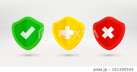 Color shields with different signs. Approved, defence, forbidden concepts. 3d vector illustration 101390504