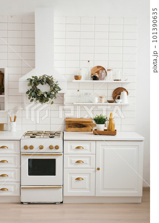 Interior of a stylish cozy modern white wooden kitchen 101390635