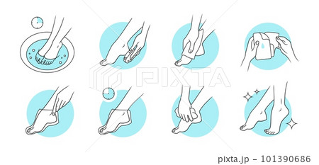 Bath foot care. Beauty body pedicure with spa cosmetic. Peeling mask icons. Woman touching to toes and heels. Girl applying moisturizing cream to clean legs. Vector sketch symbols set 101390686