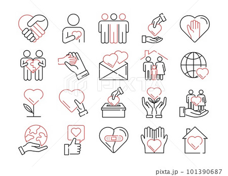 Value of dignity. Human heart icon. Culture collaboration. Community diversity. Freedom and love expression. Gender orientation. Care of planet. Line pictograms. Vector symbols set 101390687