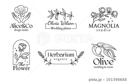 Botanical bohemian logo, wedding chic. Line beauty leaf for cafe, photography and design studio, floral monogram alphabet. Simple logotype template set. Vector illustration botanical frames 101390688