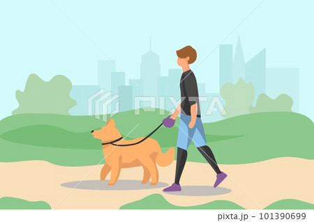 Healthy family poster. Man walking in city park with dog. Puppy with owner outdoor together, activities with four legged friend, pet care cartoon flat style isolated characters, vector concept 101390699