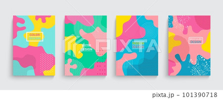Abstract funny posters, cool textures. Children trend doodles, hipster color picture. Geometric pattern minimalist design with colorful shapes, simple cover. Vector abstract background 101390718