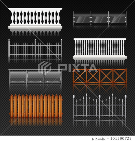 Balcony railing. Metal or glass handrail. Wooden terrace fence with banister. Steel stairway in building. Architecture elements. Realistic enclosures set. Vector design construction 101390725