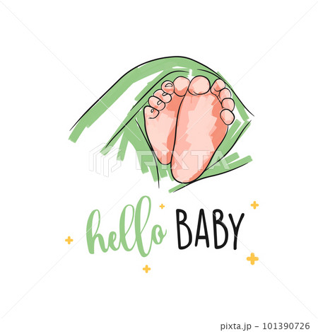 Baby feet of a newborn, postcard with bed strokes, hello baby, in doodle style 101390726