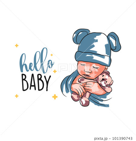 Baby card with baby, hello baby, hand lettering, baby in doodle 101390743