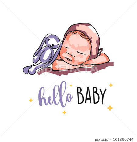 Stylish newborn baby with toy, hello baby, hand lettering, baby in doodle style, card on white background Stylish newborn baby with toy, hello baby, hand lettering, baby in doodle style, card on white background 101390744