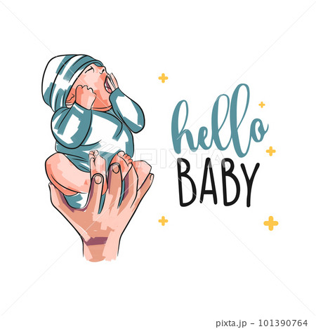 Hello baby, hand lettering, cute card with baby in hand, newborn 101390764