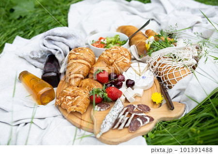 Picnic in the field with berries, juice, cheese, sausage and sweet croissants 101391488