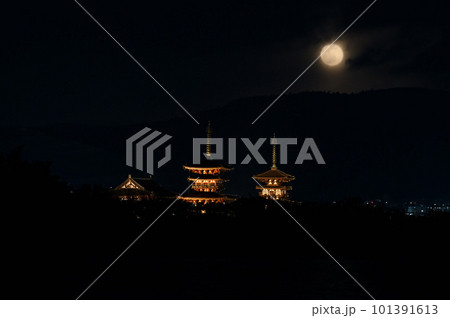 冬のおぼろ月と薬師寺の夜景 101391613
