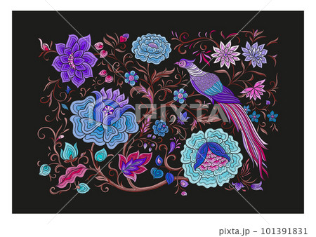 Fantasy flowers and pheasant bird in retro, vintage, chinese silk 101391831