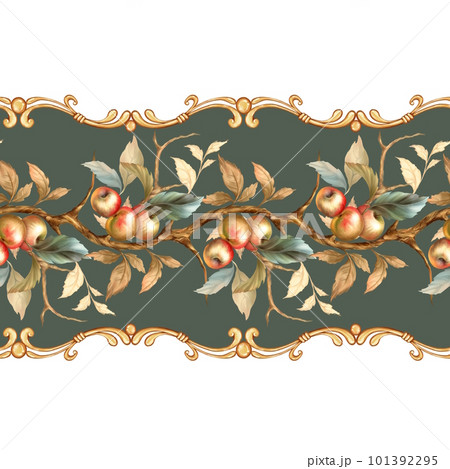 Decorative seamless border with apples and leaves. Element for design. Hand drawn. Decorative seamless border with apples and leaves. Element for design. Hand drawn. 101392295