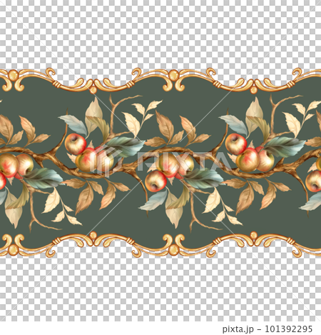 Decorative seamless border with apples and leaves. Element for design. Hand drawn. Decorative seamless border with apples and leaves. Element for design. Hand drawn. 101392295