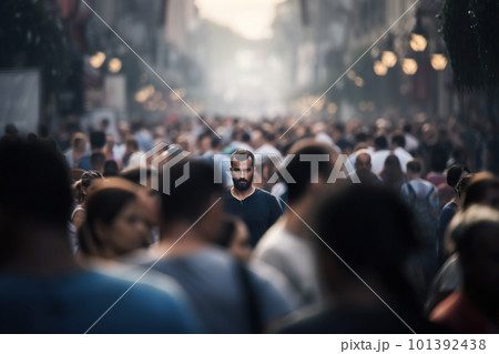 Crowded street, all persons defocused excepting chosen one or two, AI generative image Crowded street, all persons defocused excepting chosen one or two, AI generative image 101392438