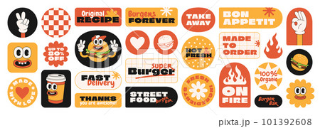 Burger retro cartoon fast food stickers. Comic character, slogan, quotes and other elements for burger bar, cafe, restaurant. Groovy funky vector illustration in trendy retro cartoon style. 101392608